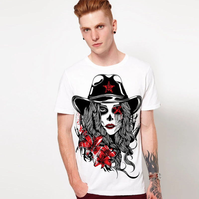 Europe and The United States High Street Retro Trend Male Dark Gothic Cowboy Hat Girl Printed T-shirt Cotton Loose Size