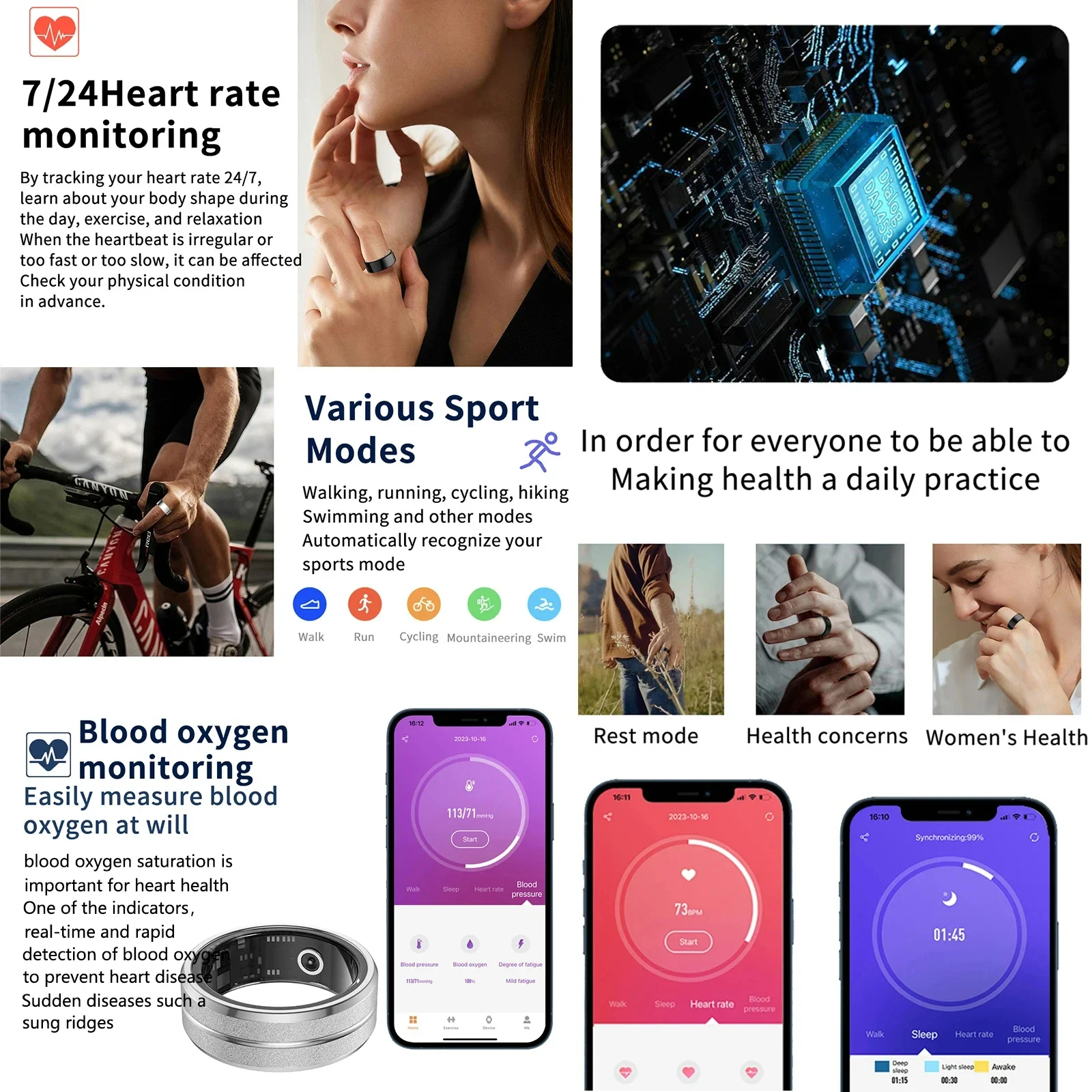 Imagem -04 - Anel Inteligente Pulseira Monitoramento de Freqüência Cardíaca à Prova Impermeável Água Oxigênio no Sangue Sono Esporte Saúde Rastreador Dedo Anel Digital para Android Ios