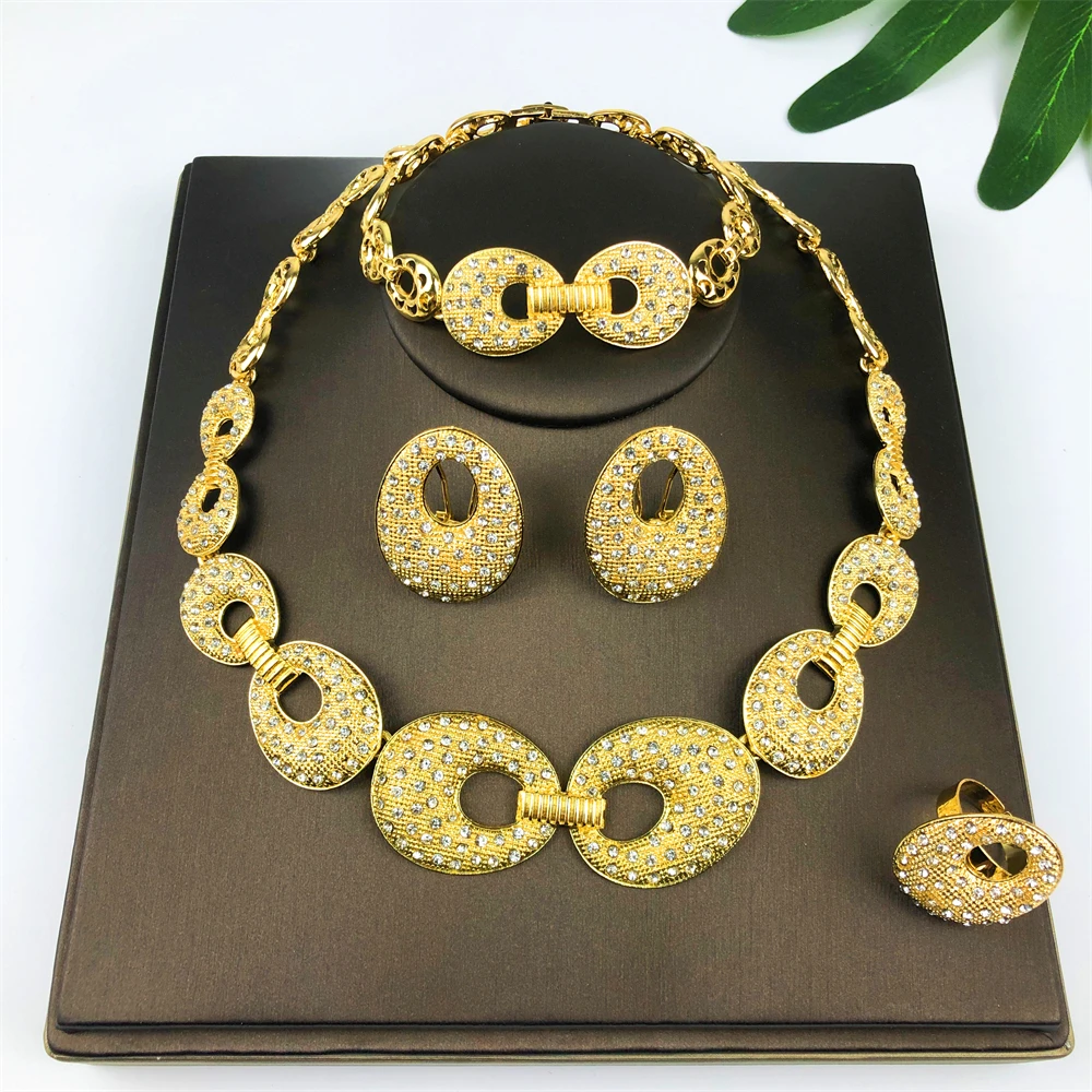 

18K Gold Plated Jewelry Set for Women Hollow Necklace Drop Earrings Anniversary Party Arabic Dubai Bridal Wedding Gifts