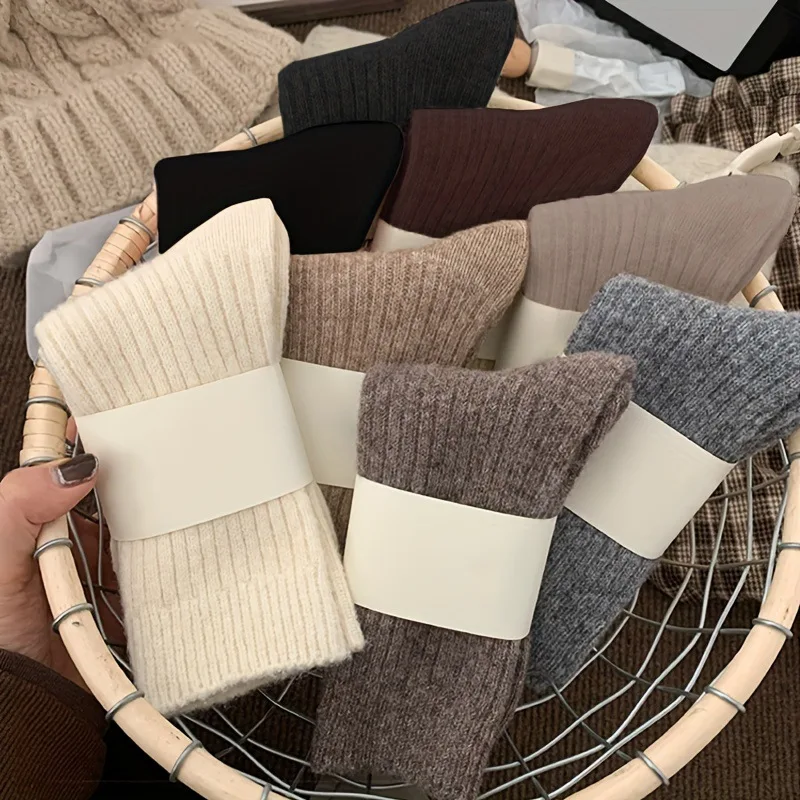 5 Pairs of Mixed Color Socks Autumn Winter Striped Thick Warm Retro Coffee Women's Socks Female Mid Tube Socks