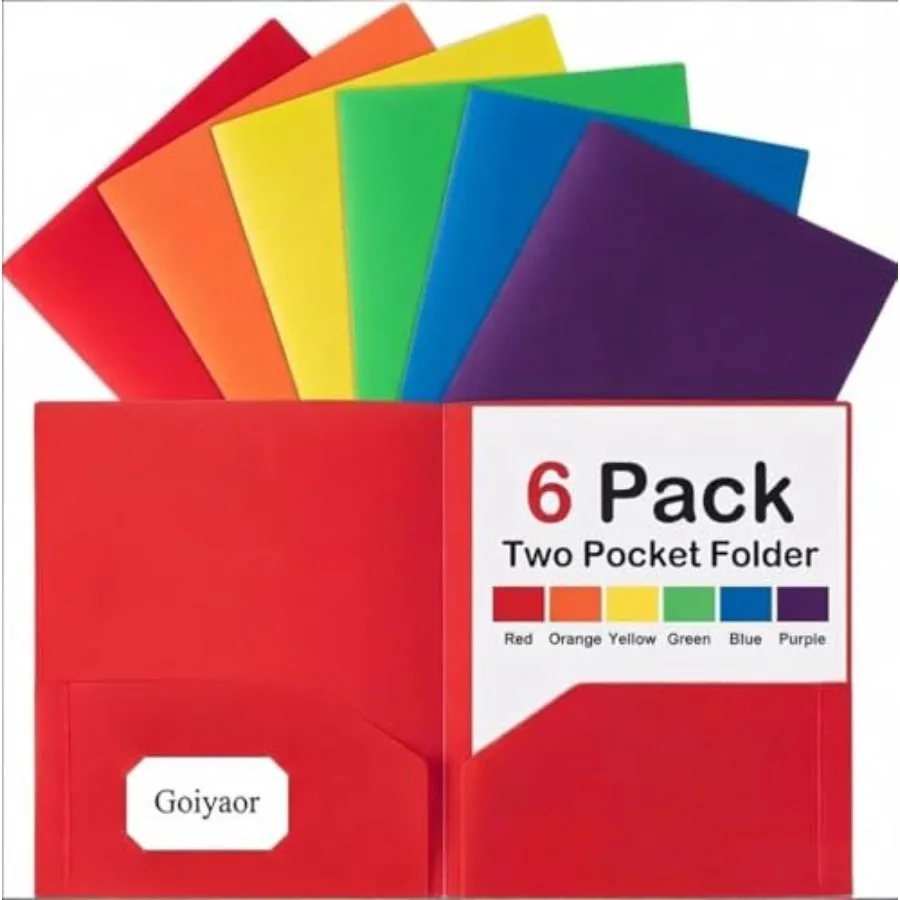 

6 Pack Plastic Folders with Pockets, 6 Assorted Colors, 2 Pocket Folders for Documents, Heavy Duty Poly Pocket Folders with Bus