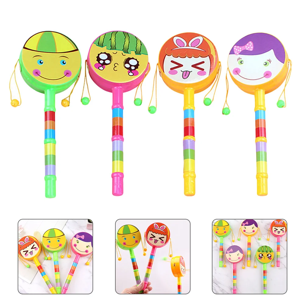 4개 세트 어린이 딸랑이 드럼 아기 손잡이 드럼 만화 패턴 부드러운 가장자리 유아 리듬 선물용 완벽한 장난감