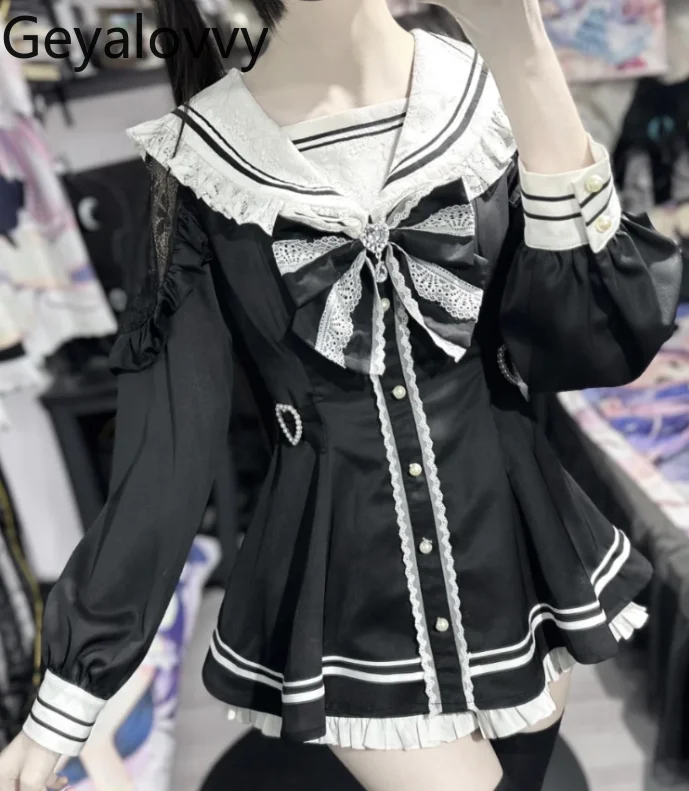 

Полный костюм Лолита Осенний матросский костюм с длинным рукавом Темно-синий воротник Рубашка Кружевное тонкое платье и шорты Милая униформа Комплект из двух предметов