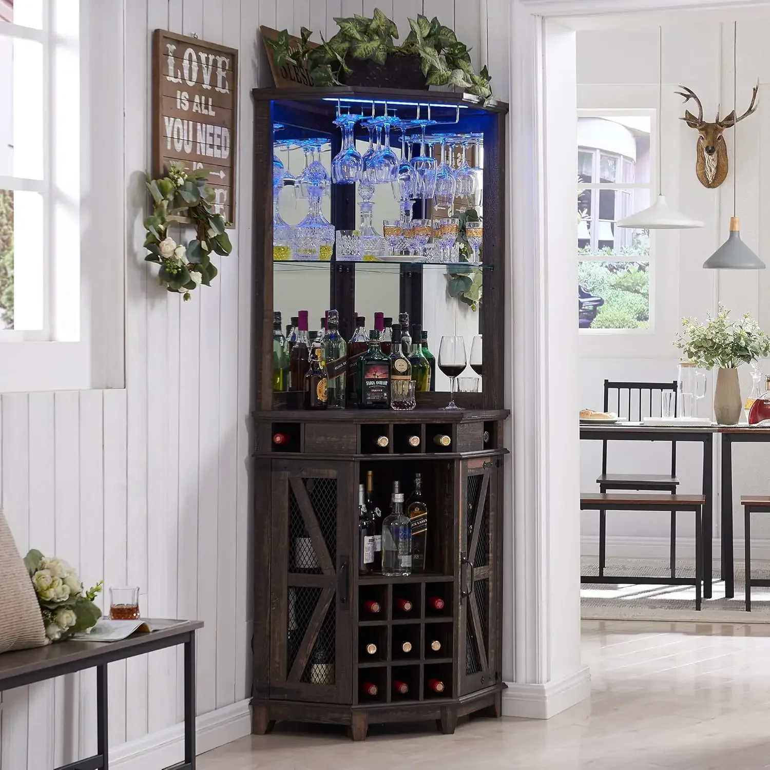 Corner Bar Storage Cabinet, 72" Tall Farmhouse Wine Bar Cabinet w/Barn Door & Adjustable Shelf, Home Bar Cabinet w/LED Light