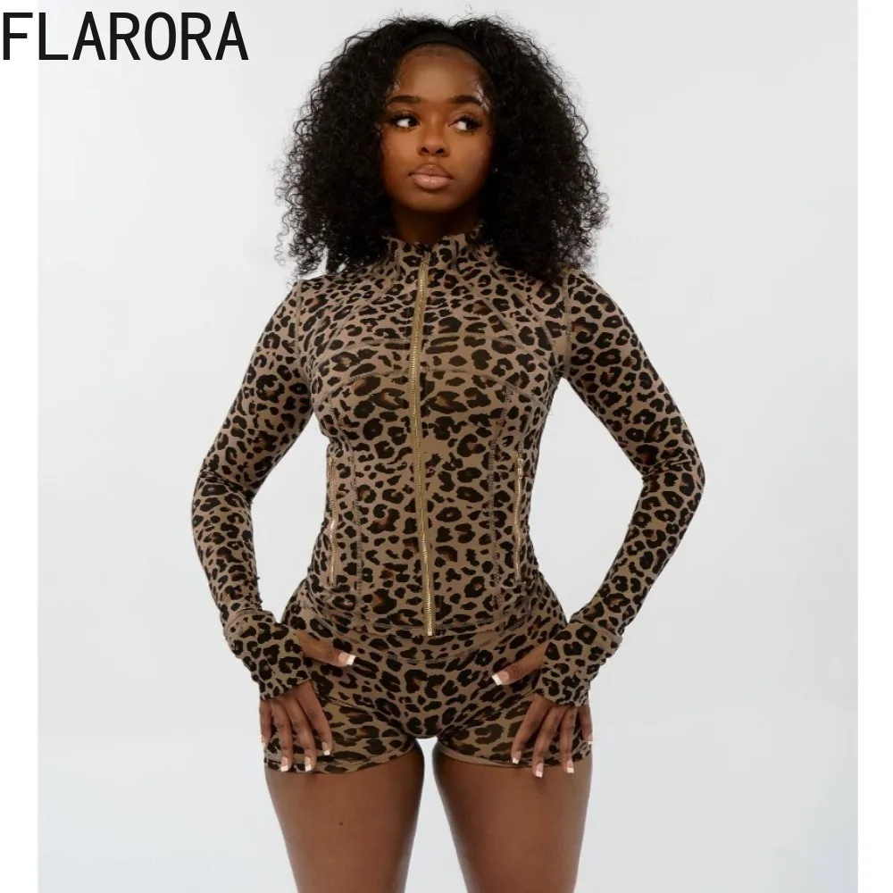 

FLARORA Fashion Leopard Print 2 Pcs Sets Woman Round Neck Long Sleeve Zip Crop Tops And Skinny Shorts Outfits Street Tracksuits