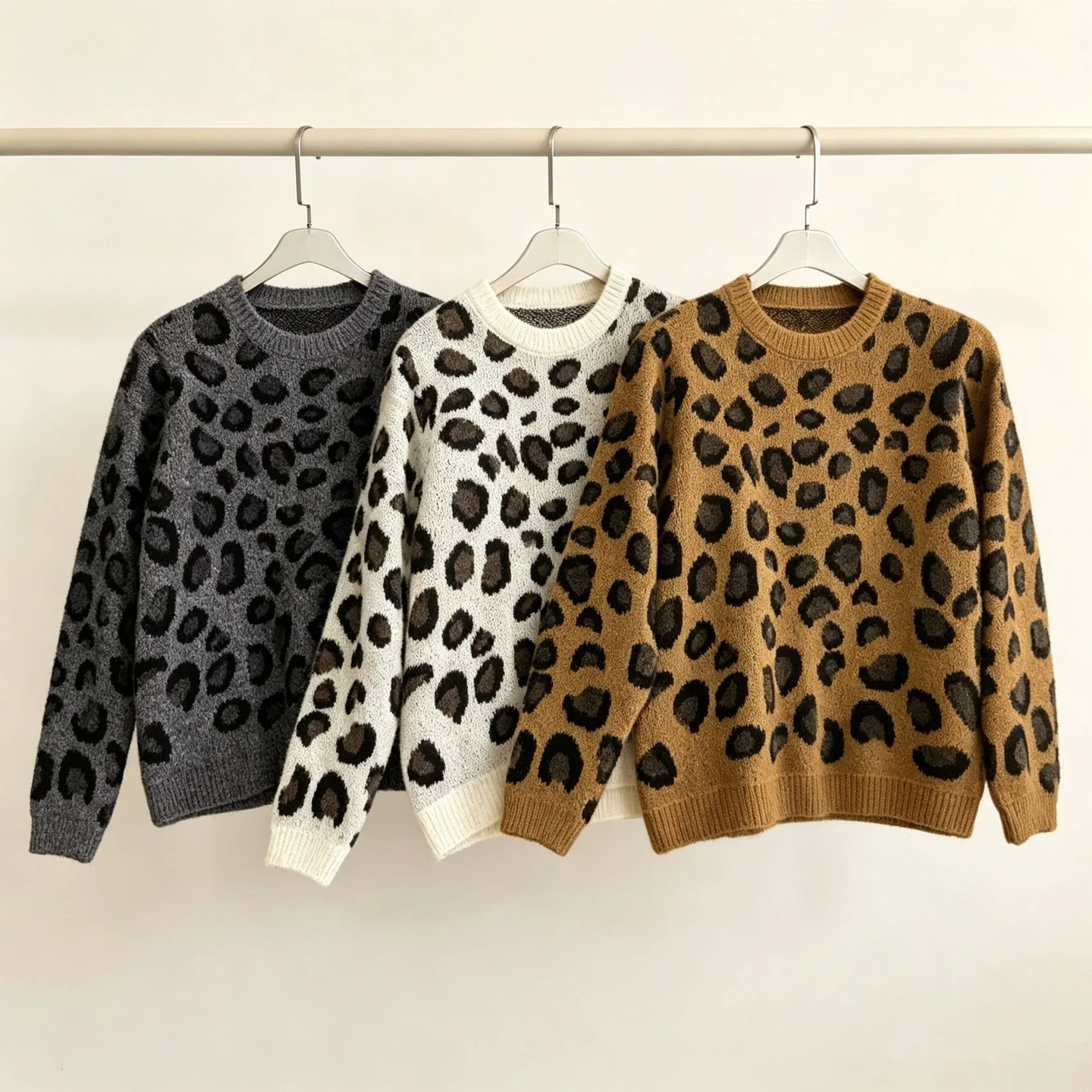 Leopard Print Sweater for Women Auutmn Long Sleeve O-neck American Style Pullover Streetwear Splicing Good-looking Gray Tops