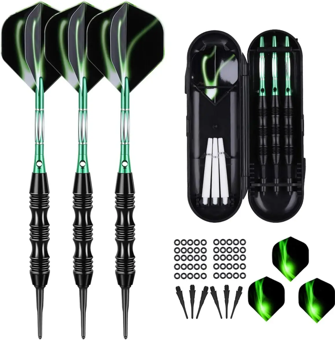 

Soft Tip Darts Set with 20g Weight, 50 O-Rings, 30 Plastic Tips, Aluminum Shafts, Flights & Portable Case for Electronic Boards