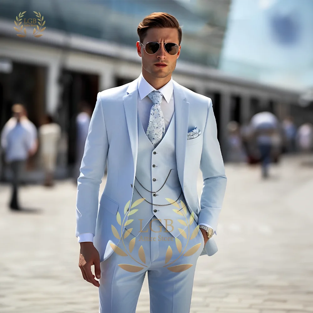 

Men's sky blue suit 3 piece suit, 2 button notch lapel wedding/party/dinner custom tuxedo men's casual slim suit