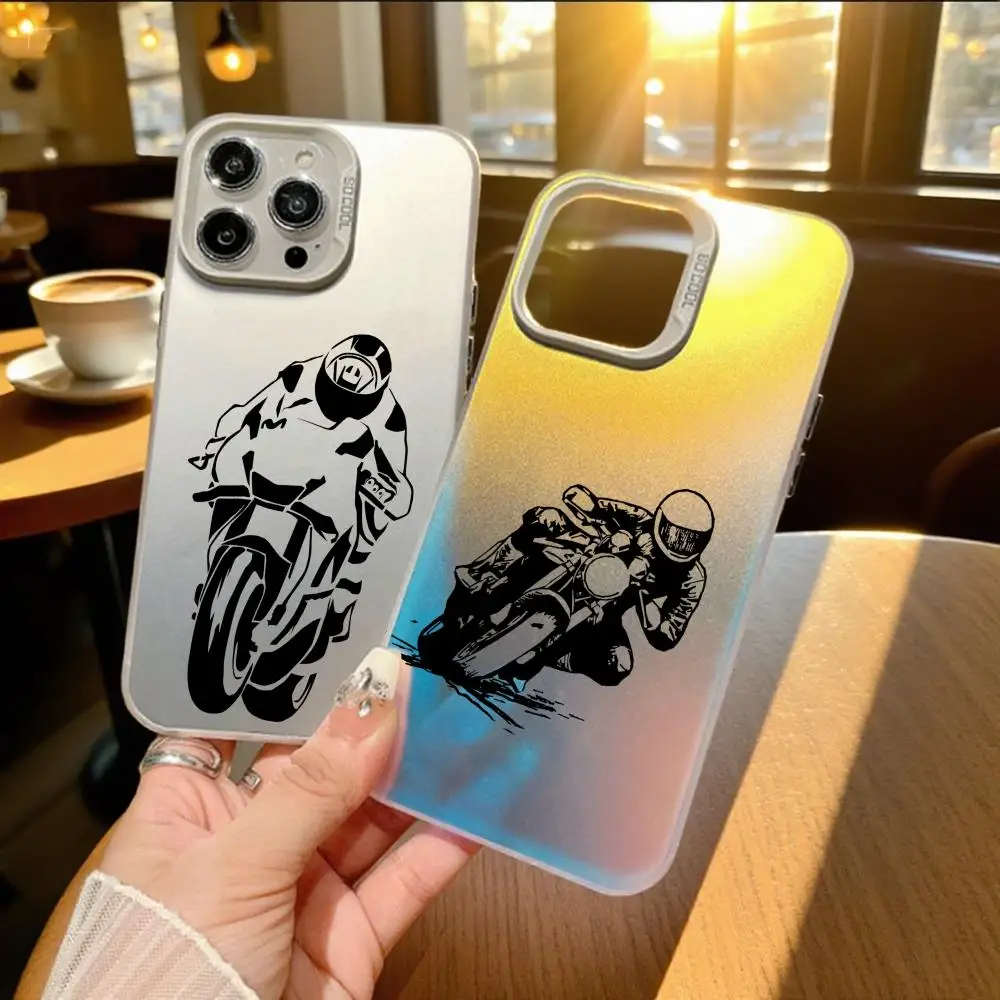 

Cool Motorcycle Girl Phone Case For iPhone 11 12 13 14 15 16 17 air Pro Max 16E X XS XR SE2 Electroplate Silver IMD Cover
