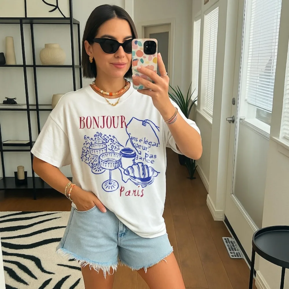 Bonjour Shirt Paris Shirt French Shirt French Saying Tops French Summer Tops Farmers Market Clothes Trendy Paris Clothes
