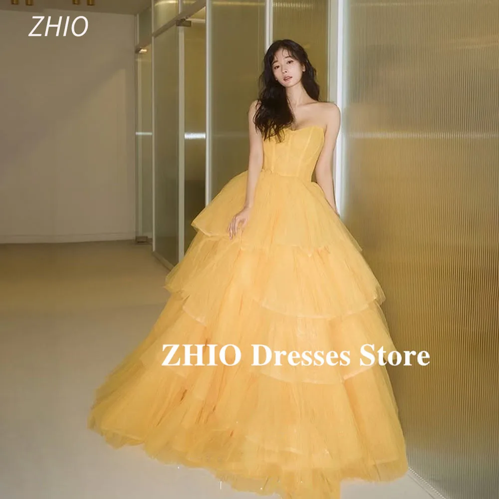 

ZHIO Fairy Yellow Sweetheart Collar Evening Dresses Korea Wedding Photo shoot Multi-layer Tulle Bridal Gowns Customized 웨딩드레스