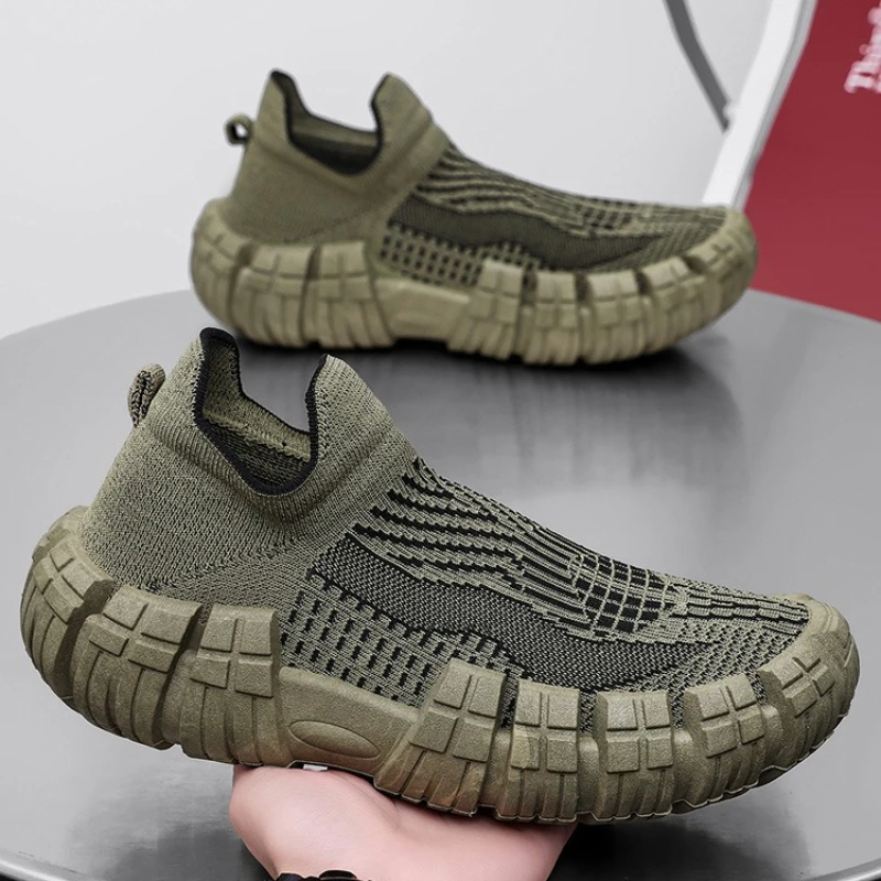 Spring Summer New Thick Soles Breathable Flying Mesh Socks Shoes Men's Non-slip Wear-resistant Casual Shoes Zapatos Altos Hombre