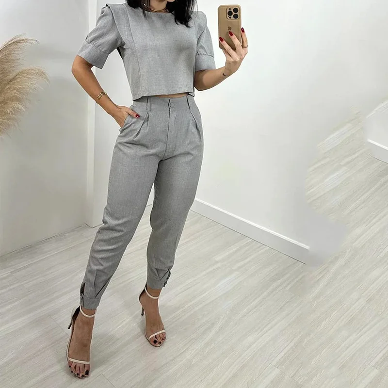 Two Piece Sets Women Pants Set Casual Slim Fit Light Gray Round Neck Short Sleeve High Waist Straight Long Pants Elegant Splice