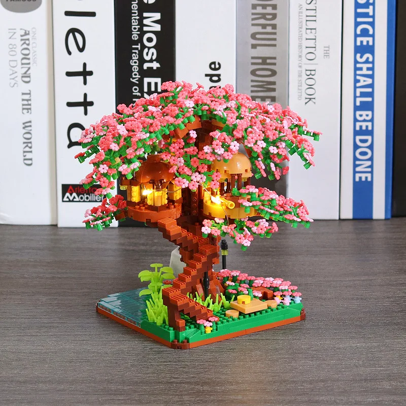 Baumhaus-Baustein-Set, Regenbogen-Sakura, Weihnachten, rote Kirschblüten, 3D-Modell, Mini-Bausteine, Figuren, Spielzeug für die Heimdekoration – Detail 10