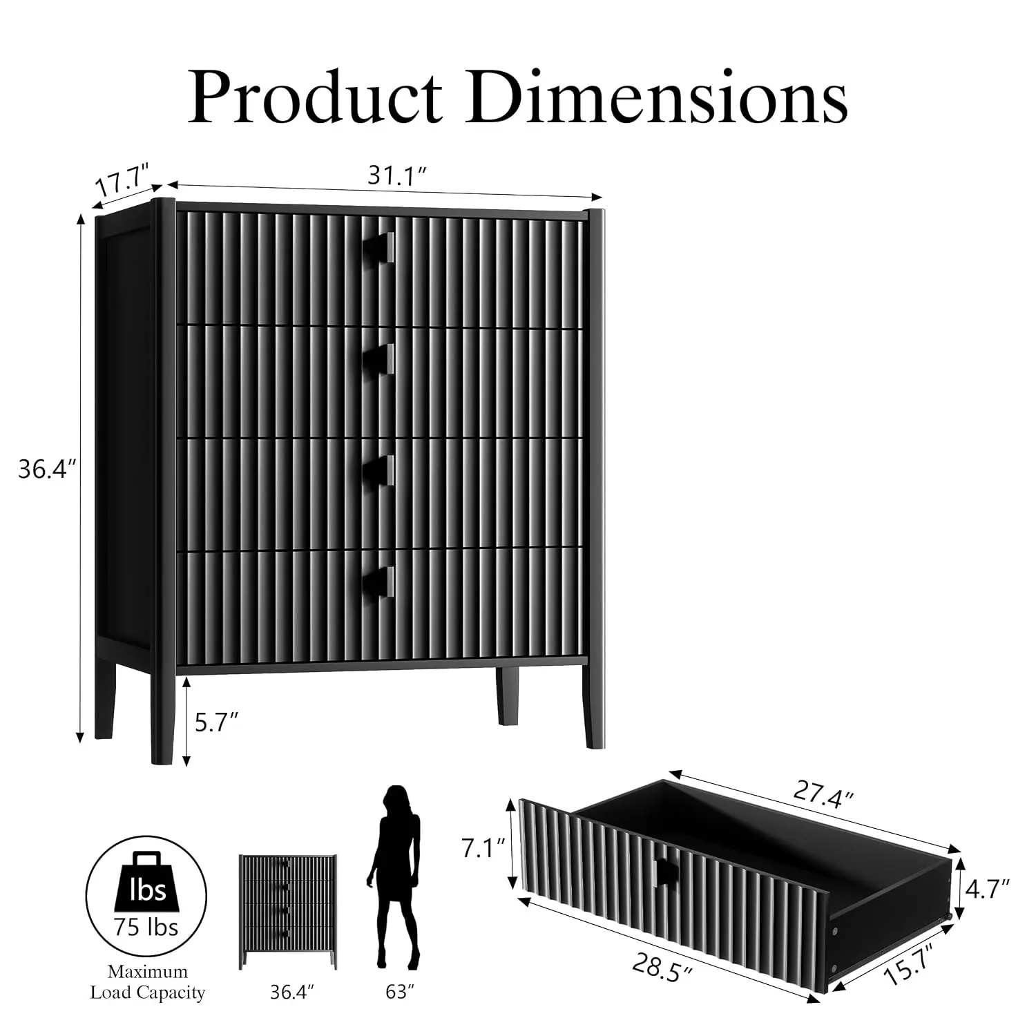 Black 4 Drawer Dresser, 31.5" Wide Modern Chest of Drawers with Fluted Front and Metal Handles, Storage Dresser for, Customized