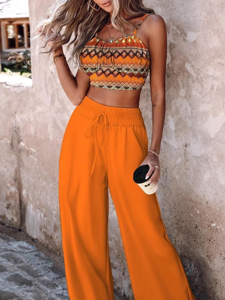 New Summer Commuter Two-piece Printed Lace-up Wide-leg Pants Suit Fashion Women Elegant Casual Top Long Pants Holiday Sets