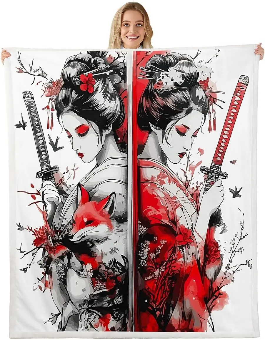 Japanese Female Samurai Throw Blanket Fox Sword Sexy Women Fleece Blanket, Retro Fashion Style Ink Art Throws for Bed Couch