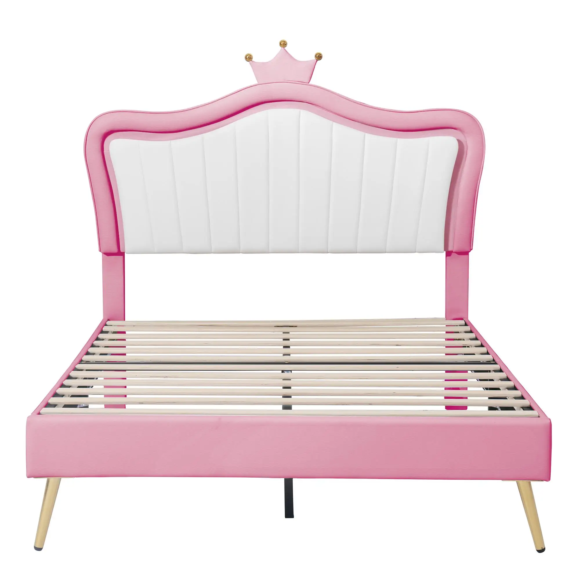 Estrutura de cama estofada moderna de tamanho completo com luzes e cabeceira de coroa - design branco e princesa