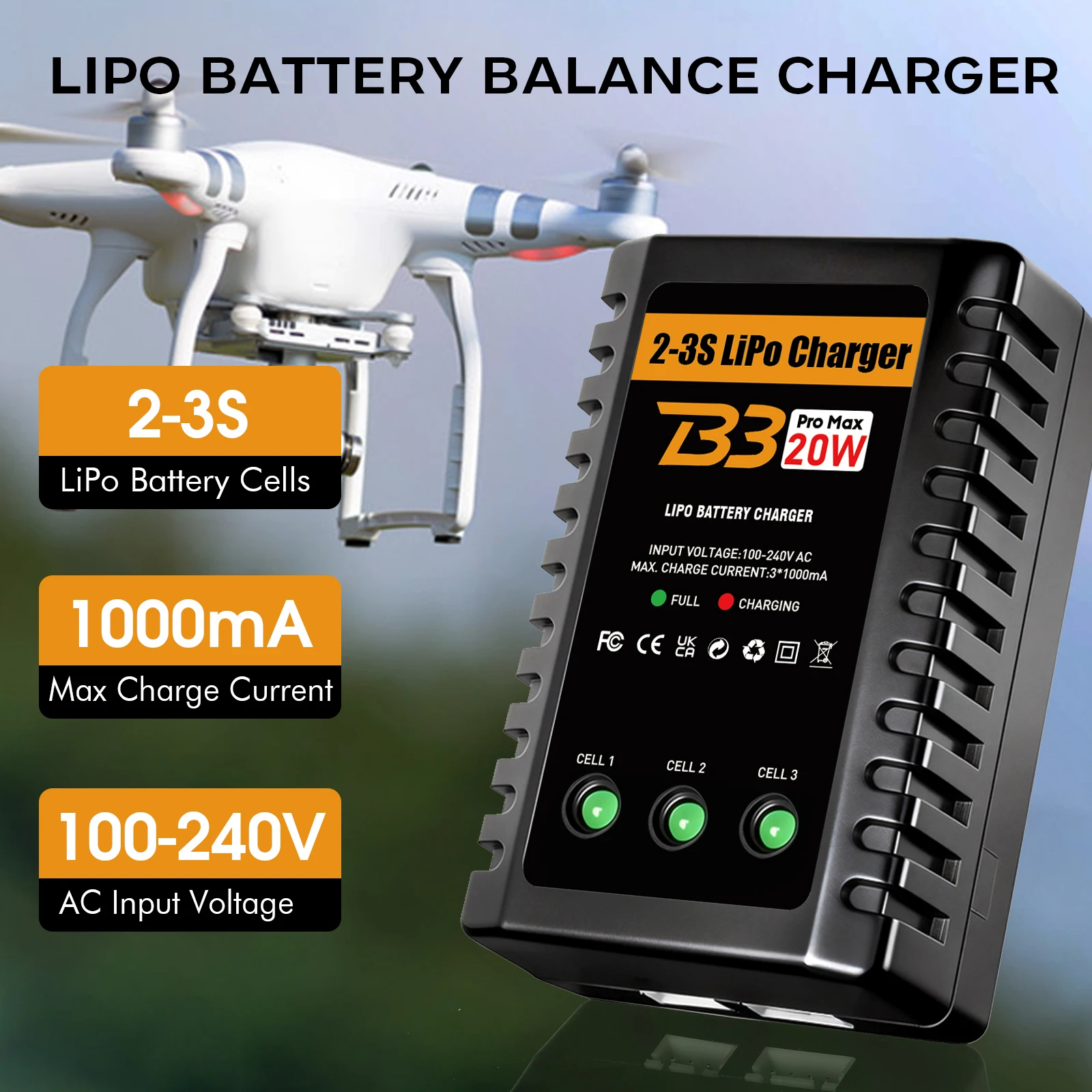 B3 20W Kompaktes RC-Balancer-Ladegerät 2S-3S 7.4V-11.1V LiPo-Akku-Ladegerät 110-220V AC LED-Display Tragbares Lithium-Balancer-Ladegerät für RC-Autos, RC-Boote & Airsoft-Guns EU-Lagerbestand