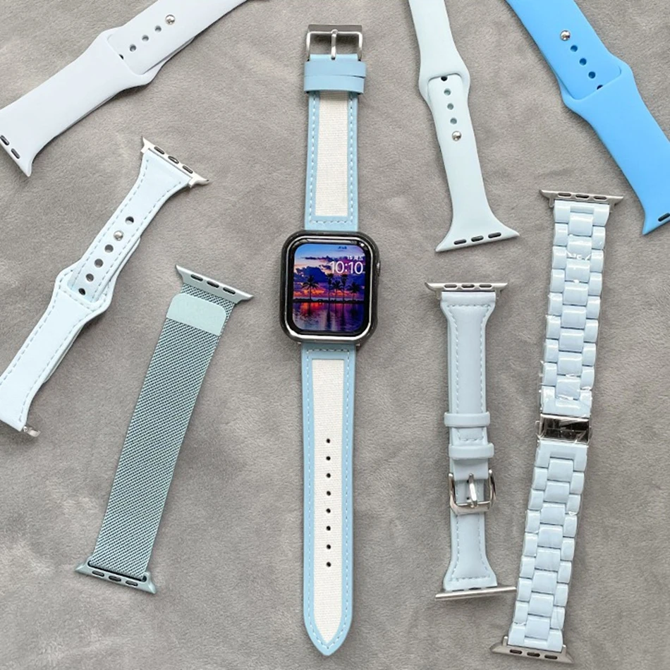 Light Blue Resin Silicon Leather Strap For Apple Watch Band S10 9 8 7 6 SE 5 4 3 38/40/41/42/44/45/46/49mm IWatch Ultra Bracelet