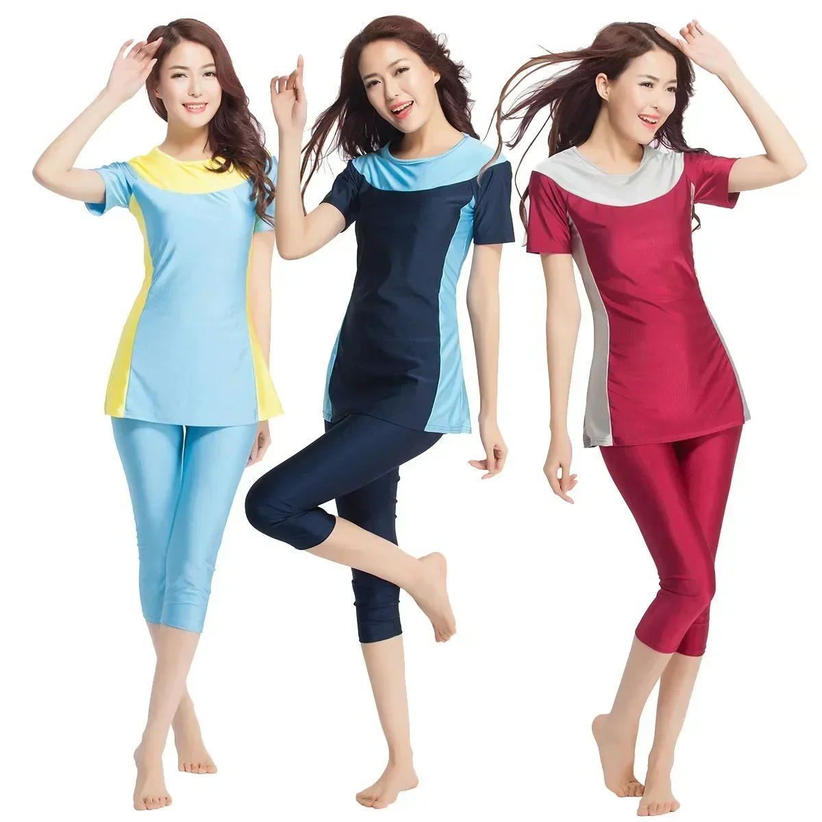 Women's Muslim Swimwear Short Sleeve Top Pencil Pants Two-Piece Spliced Design Dubai Style Arab Sportswear for Ramadan 2024 Beac