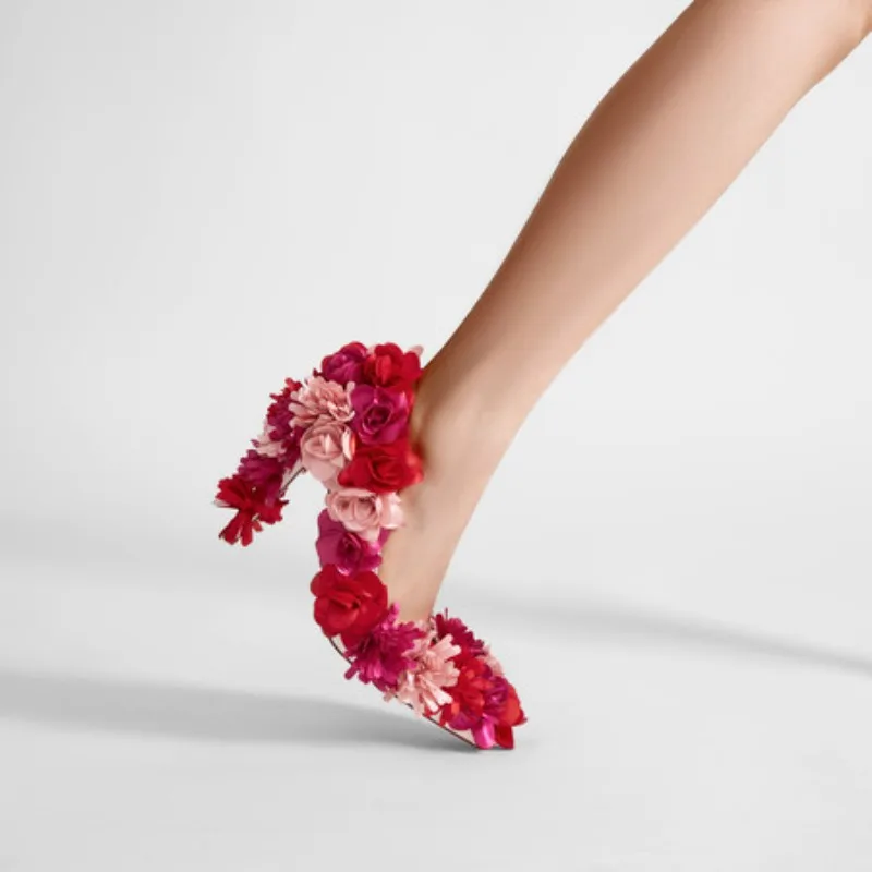 

Fashion Designer Flower Pointed Toe Mixed Color High Heels Women Pumps Slip on Large Size New Western Elegant Sexy Wedding Shoes