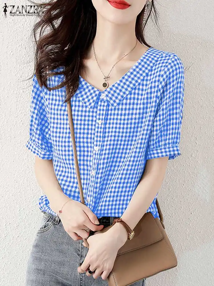 ZANZEA Harajuku Plaid Women Shirt 2024 Summer Sweety Doll Collar Short Sleeve Blouse Korean Fashion Buttons Loose Tops Oversized