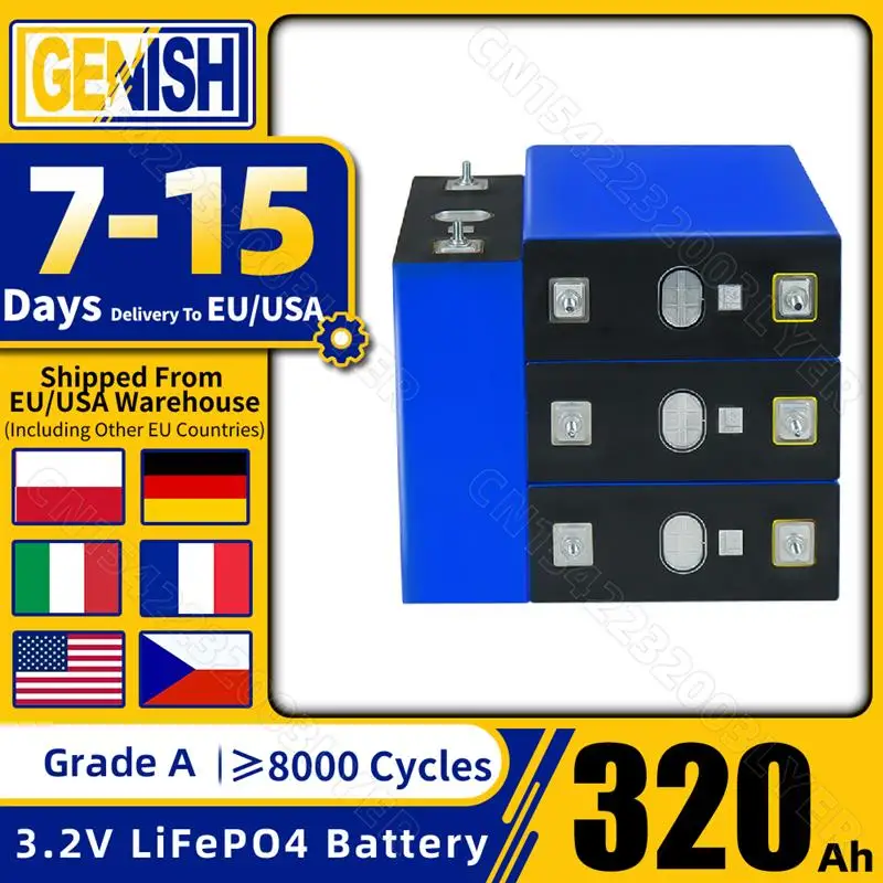 New! Grade A 320Ah LiFePO4 Battery 8000 Cycles 3.2V Rechargeable Lithium Iron Phosphate Cell DIY 12V 24V 48V RV Vans Golf Cart