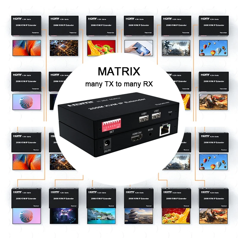 

H.264 HDMI матричный KVM IP-удлинитель на 200 м по кабелю Cat6 Ethernet, передатчик-приемник видео, поддержка мыши и клавиатуры, многоточечное подключение (многие к многим)