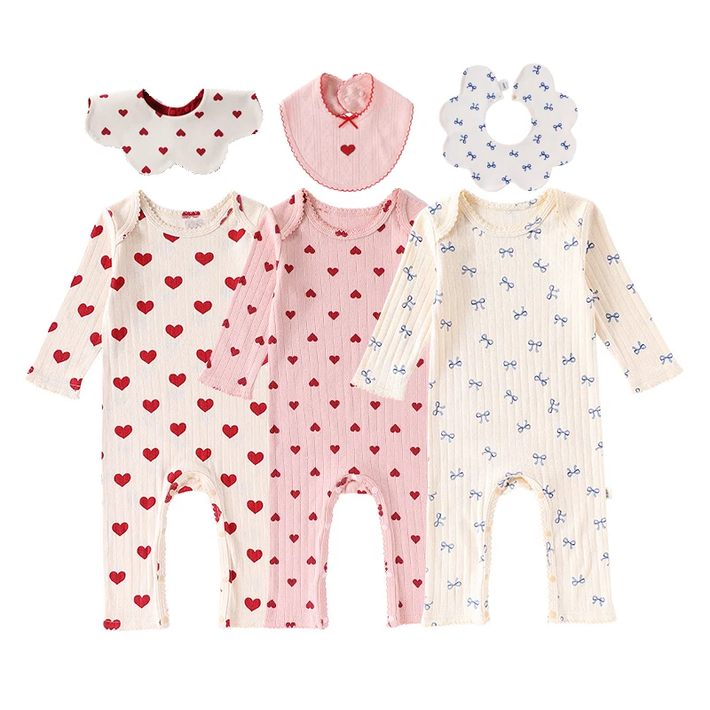 

Baby Girls Pink Long Sleeve Bodysuits Bibe Set Cotton Romper Outfits Infant One-Piece Pajamas Unisex Homewear Infants Sleepwear