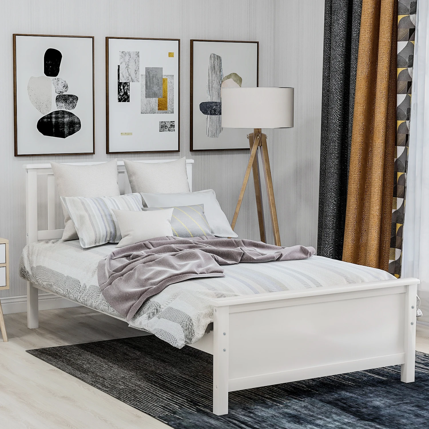 

Twin Wood Platform Bed w/ Headboard, Footboard, Slat Support - White