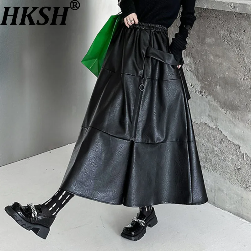 HKSH Lente Herfst Nieuwe Vrouwen Rok PU Leer Elastisch Getailleerde Asymmetrische A-lijn Geplooide Veelzijdige Donkere Retro Chic Rokken HK16649