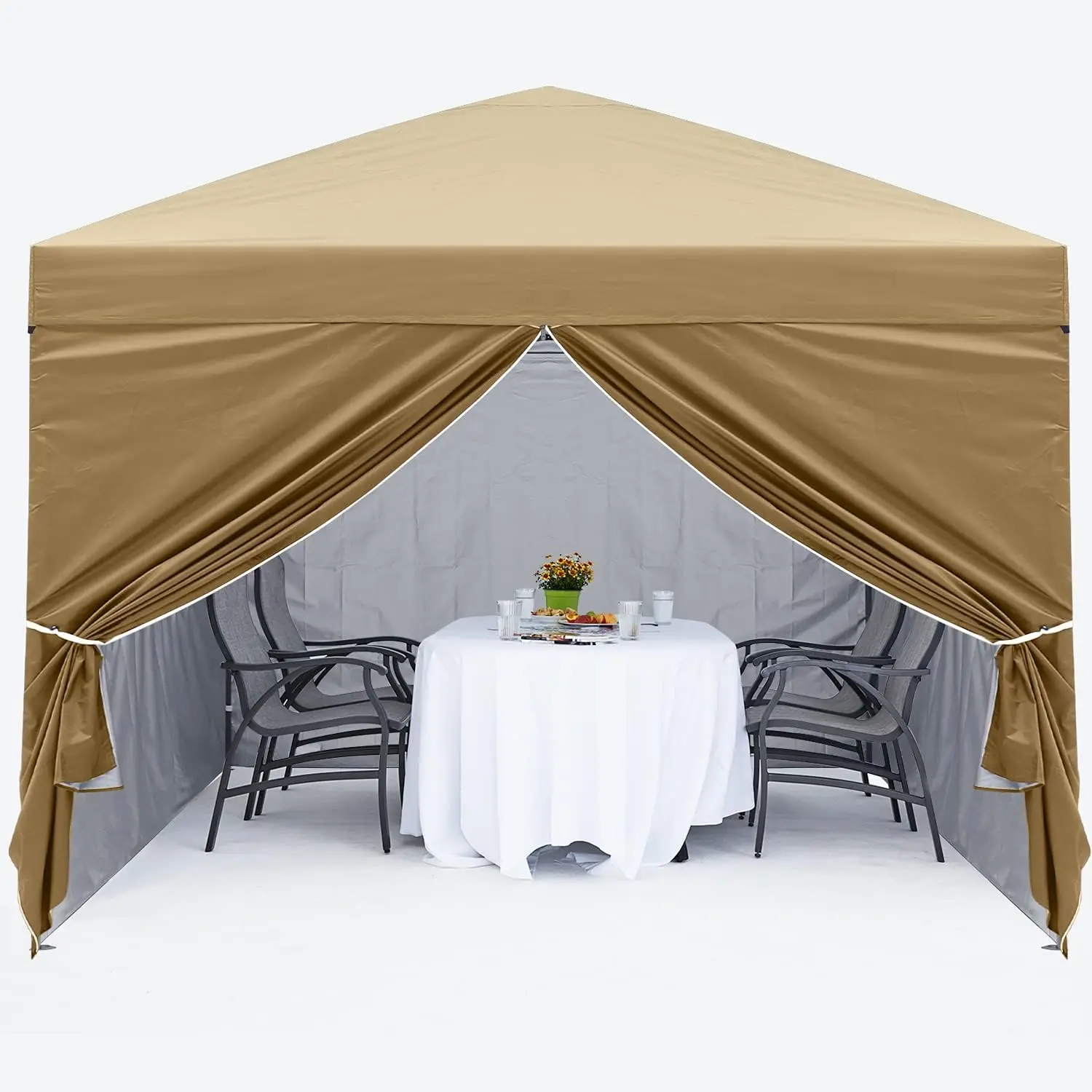 MASTERCANOPY Pop Up Canopy Tent 10x10 with Church Window Sidewalls, Beige