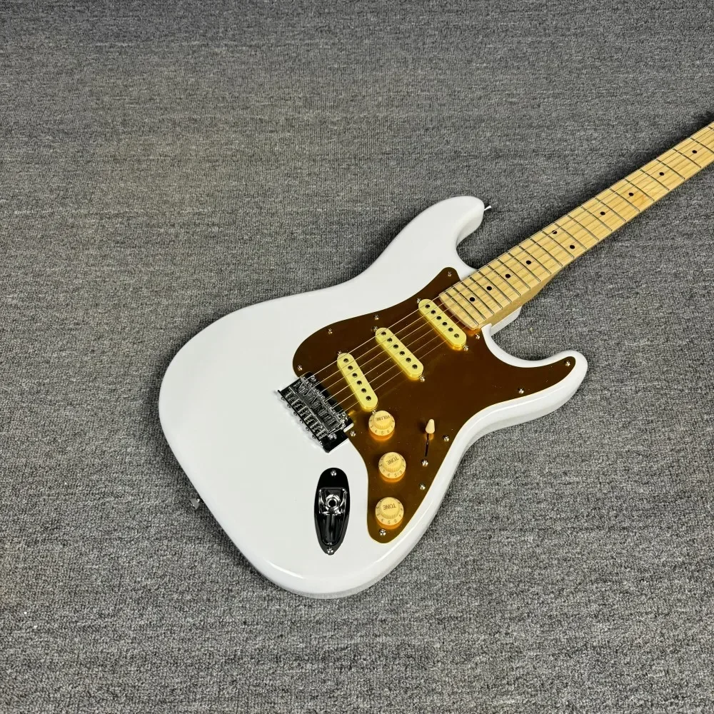 White STSS Ice Flower Gold Shield Electric Guitar 6 String SSS Pickups Golden Guard Plate Maple Wood Neck