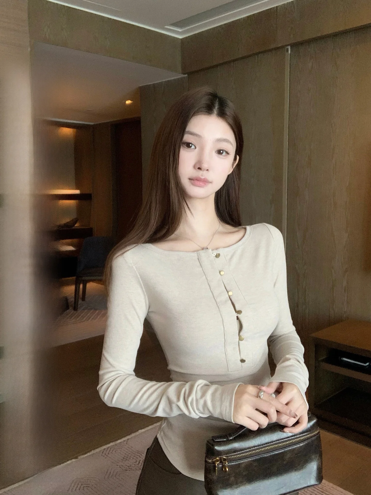 

Регулируемый вязаный топ для женщин, облегающий, с длинным рукавом, круглым вырезом, повседневный, свободный, стильный, для женщин