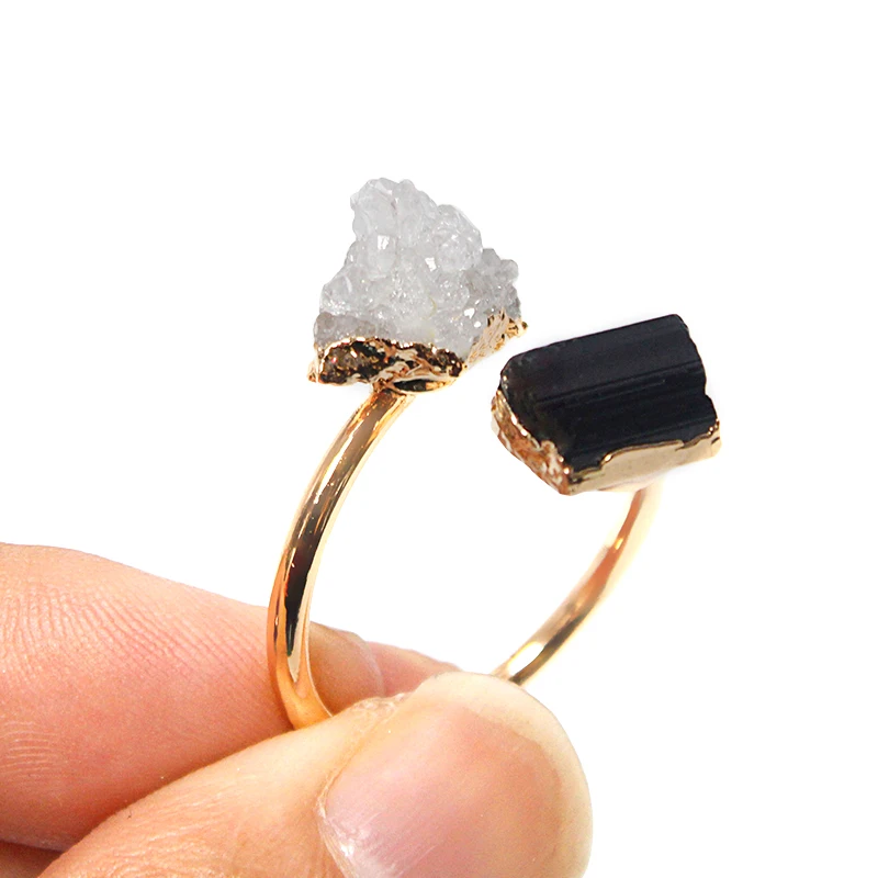 Druzy Crystal Black Tourmaline Open Ring Golden Irregular Handmade Raw Stone Finger Jewelry Adjustable Size