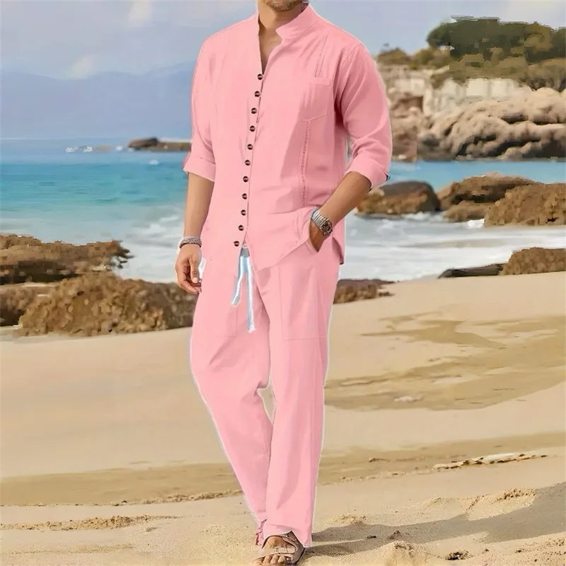 Men's Fashionable Cotton Linen Shirt Set, Stand Collar, Long Sleeves, Two-Piece Set, Spring/Autumn Style, 100% Natural Fiber - Image 4