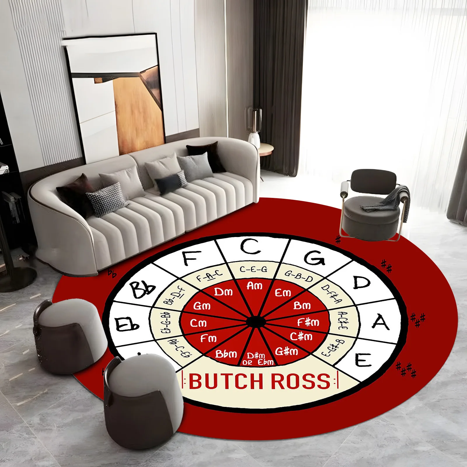 Butch Ross Circle of Fifths Round Rug Guitar Chord Wheel Design with Color-Coded Notes,Musician Home Decor,Non-Slip Practice Mat - view 6