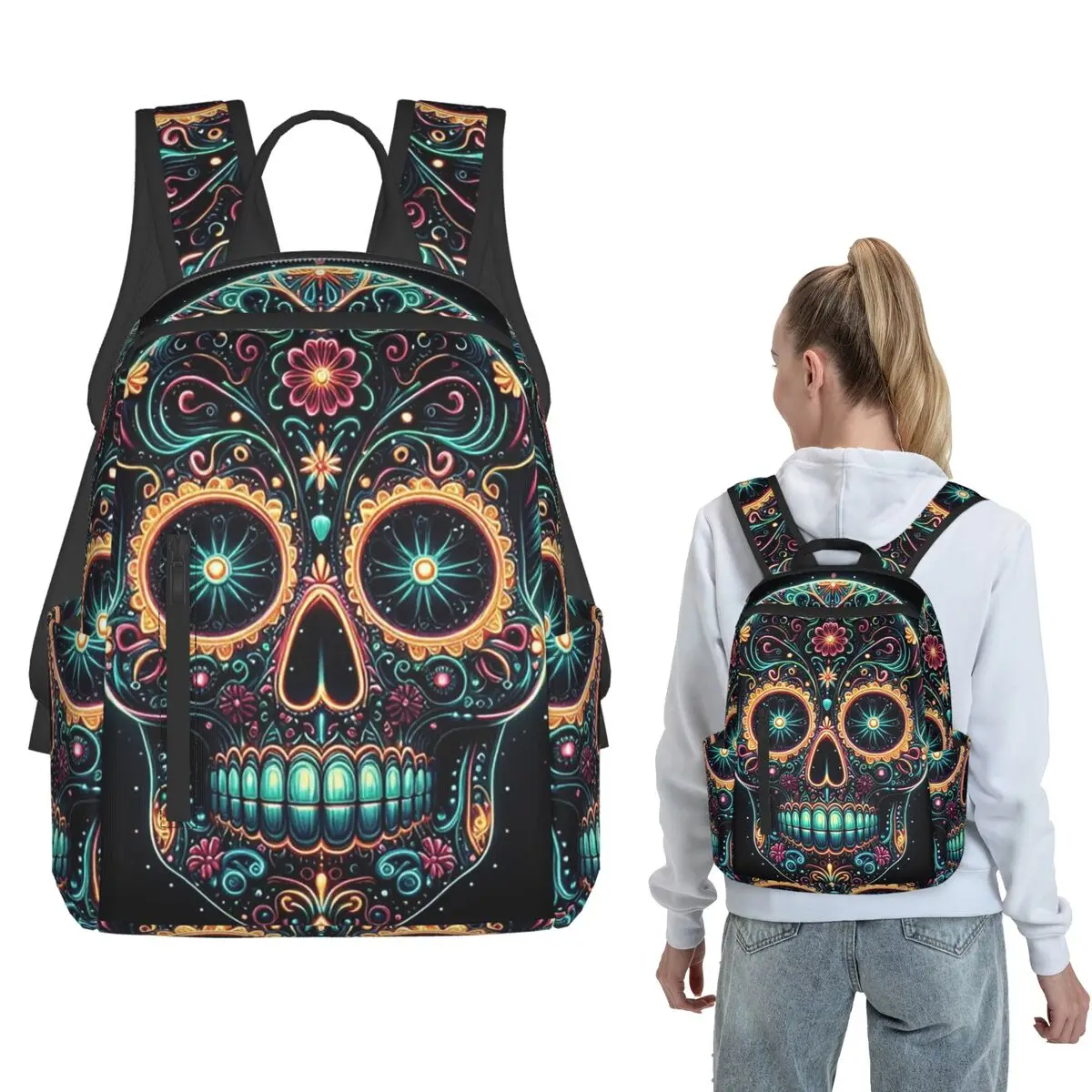 

Sugar Skull With Flower Backpack Large Capacity Kids BookBag School Bag Shoulder Bags for Men Women