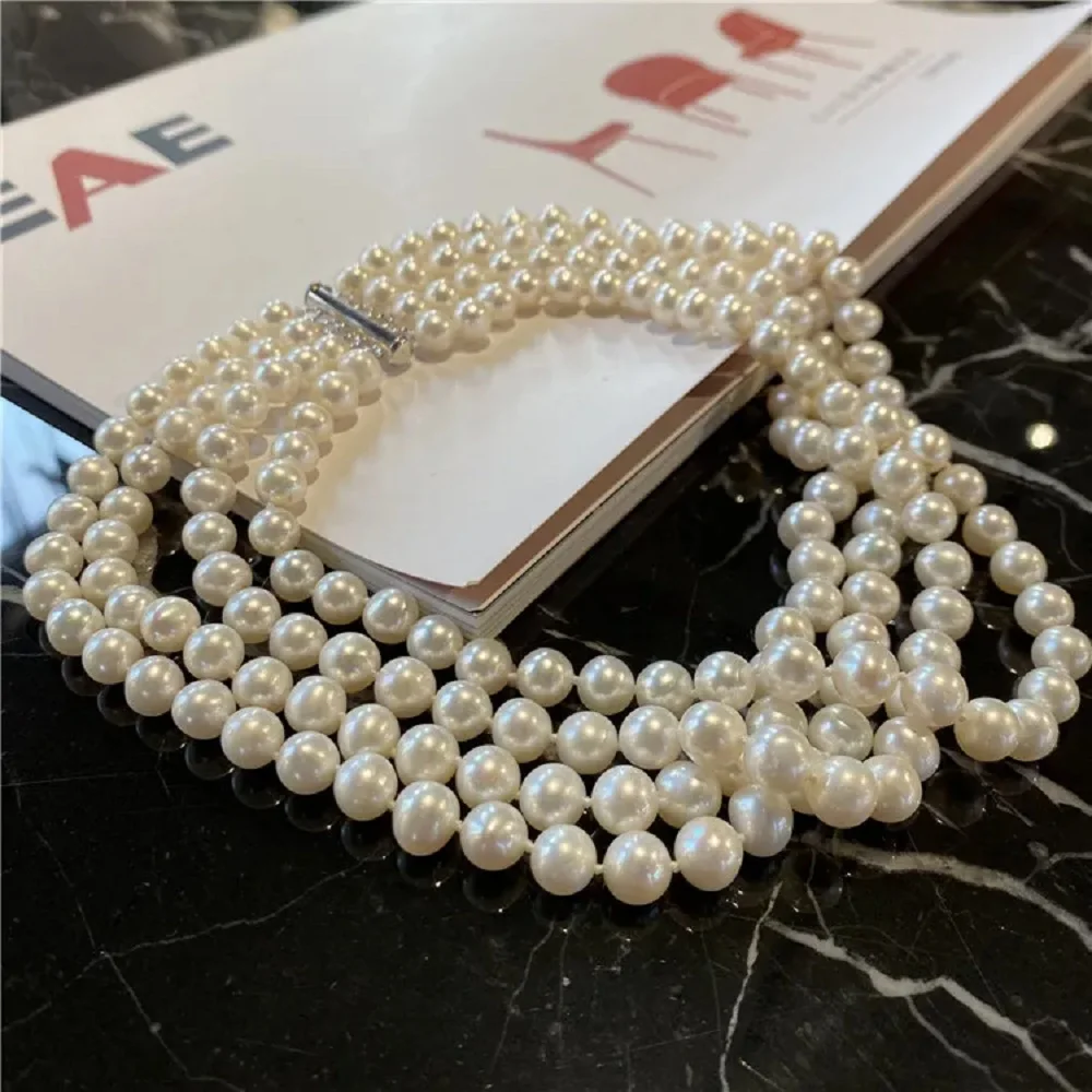 4 Rows - Natural White Round Pearl AAAA 8-9mm South Sea Pearl Necklace 925s/18-19-20-22 inch