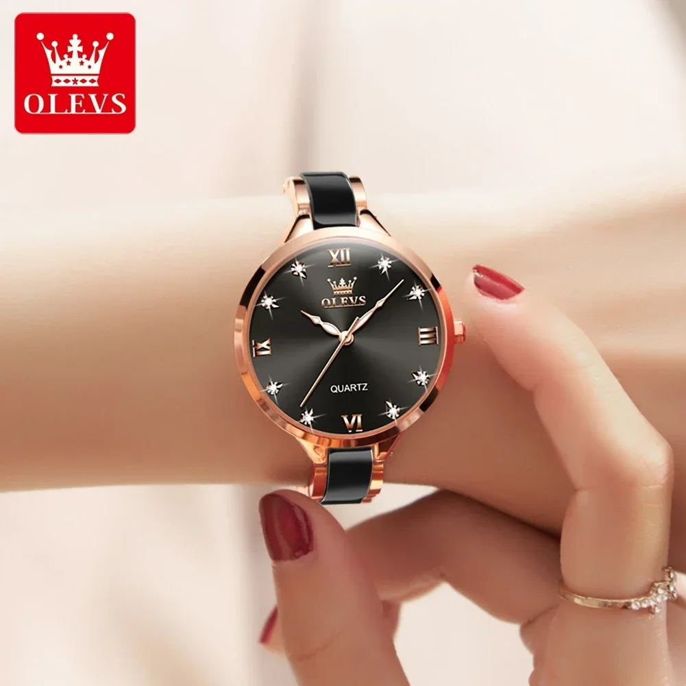 Olevs relógio feminino luxuoso de aço inoxidável, pulseira de cerâmica, relógio de pulso de quartzo, à prova d'água, relógios elegantes para mulheres, conjunto de presente para mulheres