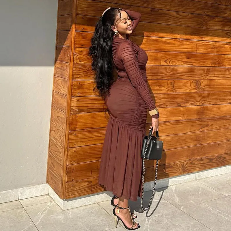 STIJLVOLLE DAME Gedrapeerde Geplooide Maxi Jurk 2025 Herfst Vrouwen Lange Mouw O Hals Bodycon Sexy Club Party Vestidos De Festa