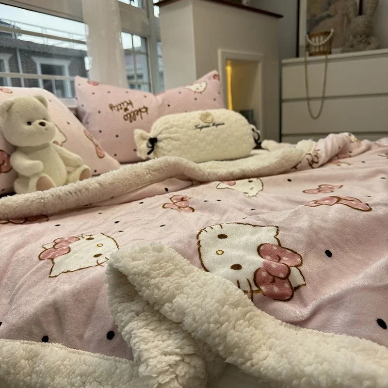 Sanrio Hello Kittys Pink Bow Lamb Velvet Blanket Winter Thickened Warm Milk Coral Velvet Blanket Quilt Cover Sofa Office Blanket