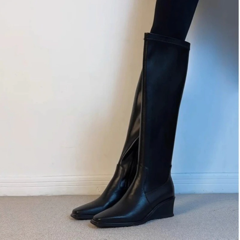 

Women Thick Heeled Knight Boots Knee Length Boots Outdoor Side Zipper Women Boot Leather Fashion Solid Color Winter Long Boot