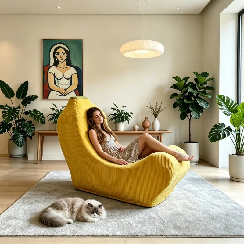Vacuum compressed banana lazy sofa modular segmented modern retro corduroy fabric sofa space saving hotel living room view 3