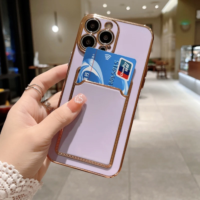 Luxury Solid Color Plated Wallet Card Slot Soft TPU Phone Case For iPhone 16 Pro Max 14 11 12 13 15 Pro Max Bumper Back Cover