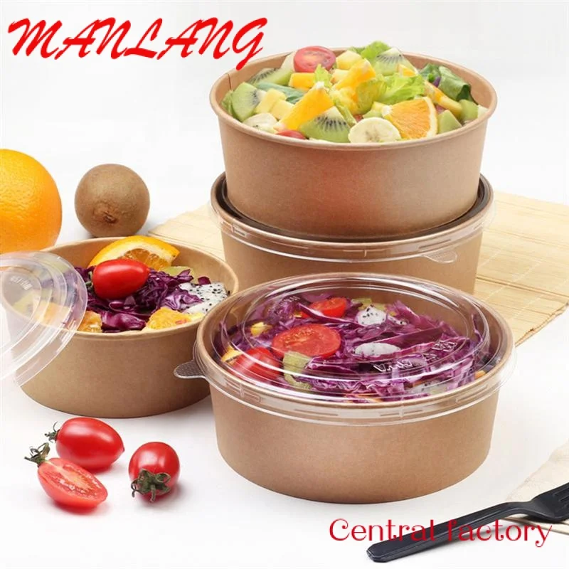 Custom  % Eco Friendly Biodegradable food Packaging Cup Bowl PLA PE coating Disposable Brown Round Kraft Paper Salad Bowl With L