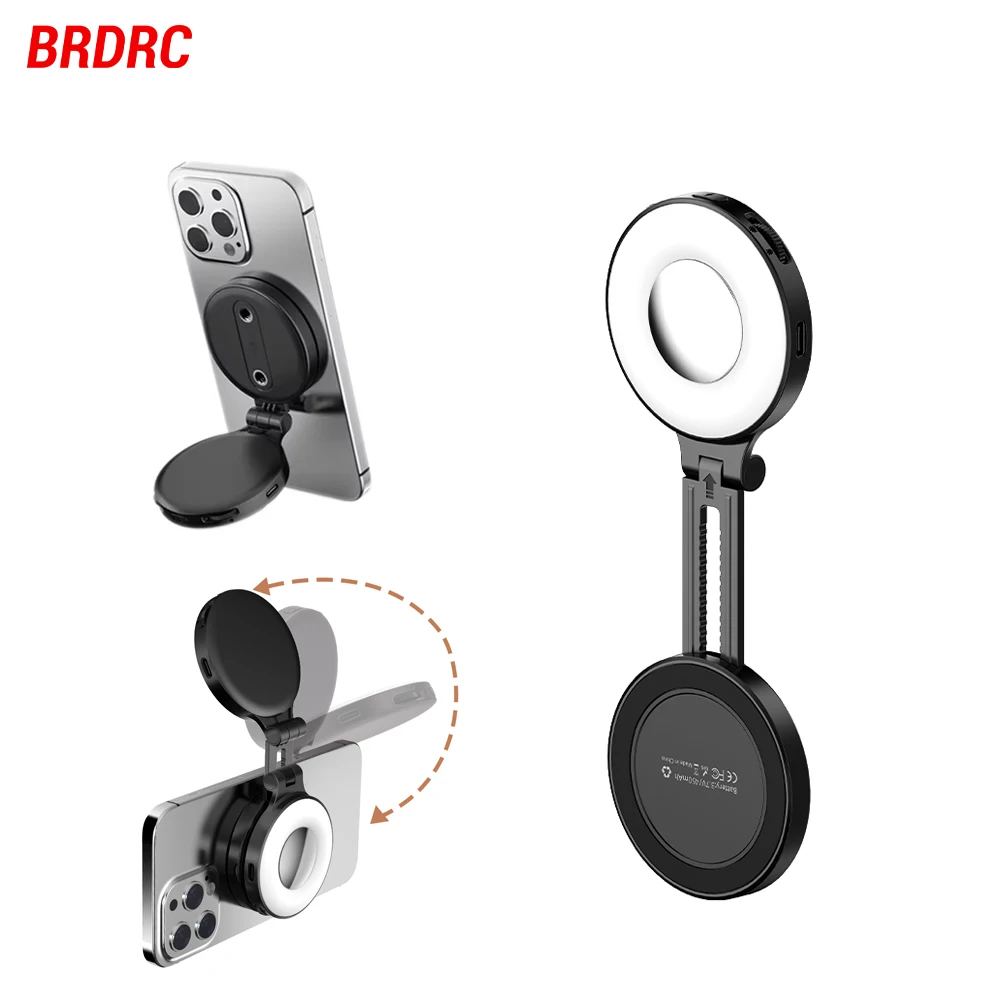 BRDRC Magnetic Selfie Ring Light for iphone 16 15 Pro Max Adjustable Flip Color Stand Bracket for Makeup Selfie Video Vlog