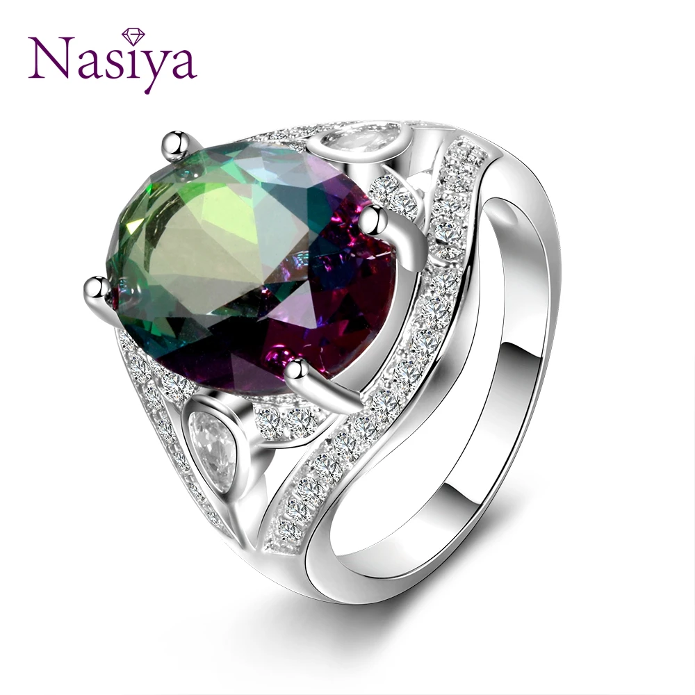 Genuine Rainbow Fire Mystic Created Topaz Ring Silver Color Ring Fine Jewelry Gift For Women Lady Girls Wholesale