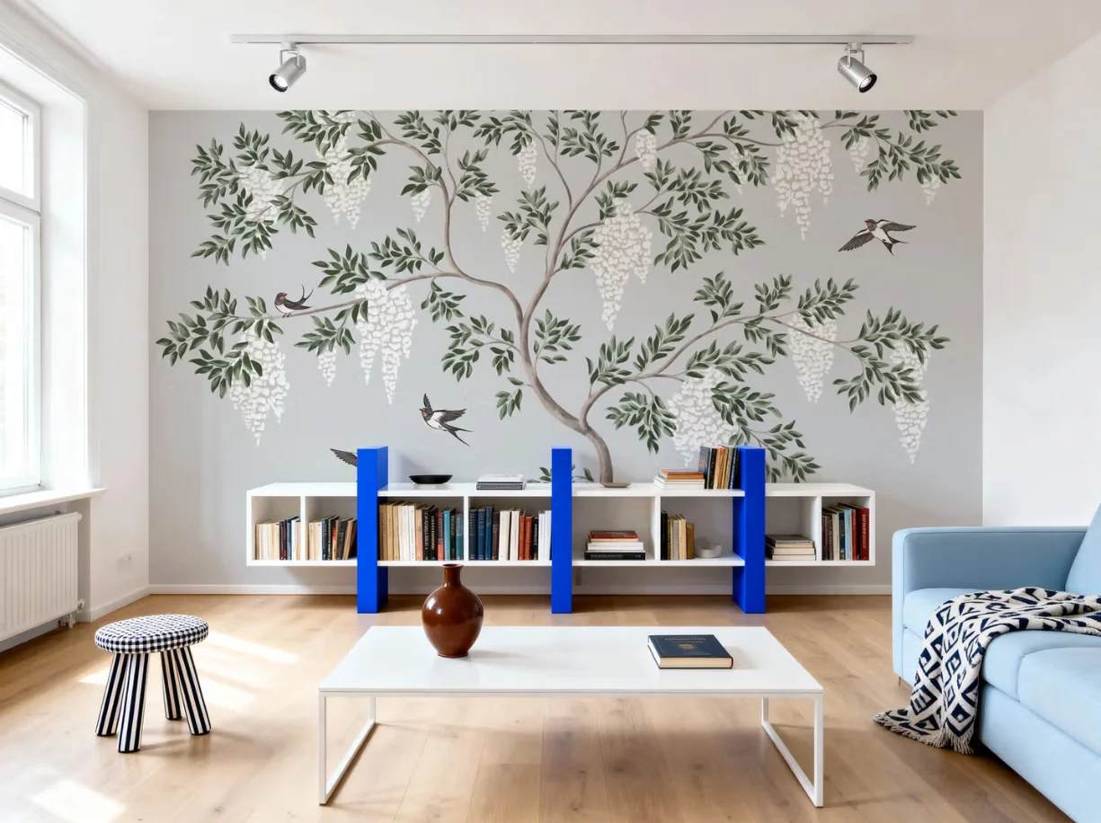 Customized size mural, large wisteria tree, white flowers, leaves, decorative painting, living room, bedroom Tree Wallpaper